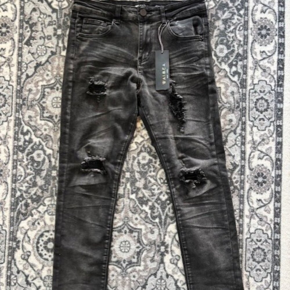 Waimea NWT 16 Skinny Fit Black Distressed Ripped Denim Jeans Grunge Stretch
